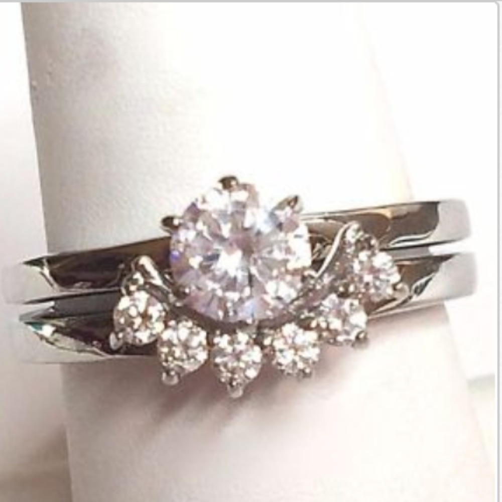 Silver Tone Stainless Steel Wedding Ring Set Size 9 Cubic Zirconia 316 Solitaire